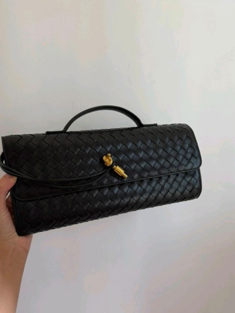 Woven Leather Top Handle Bag in Black with Gold Accent
